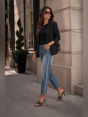 Johanna Ortiz Adventurist Jeans 8 Blue Mid Rise Frayed Side Stripe NWOT